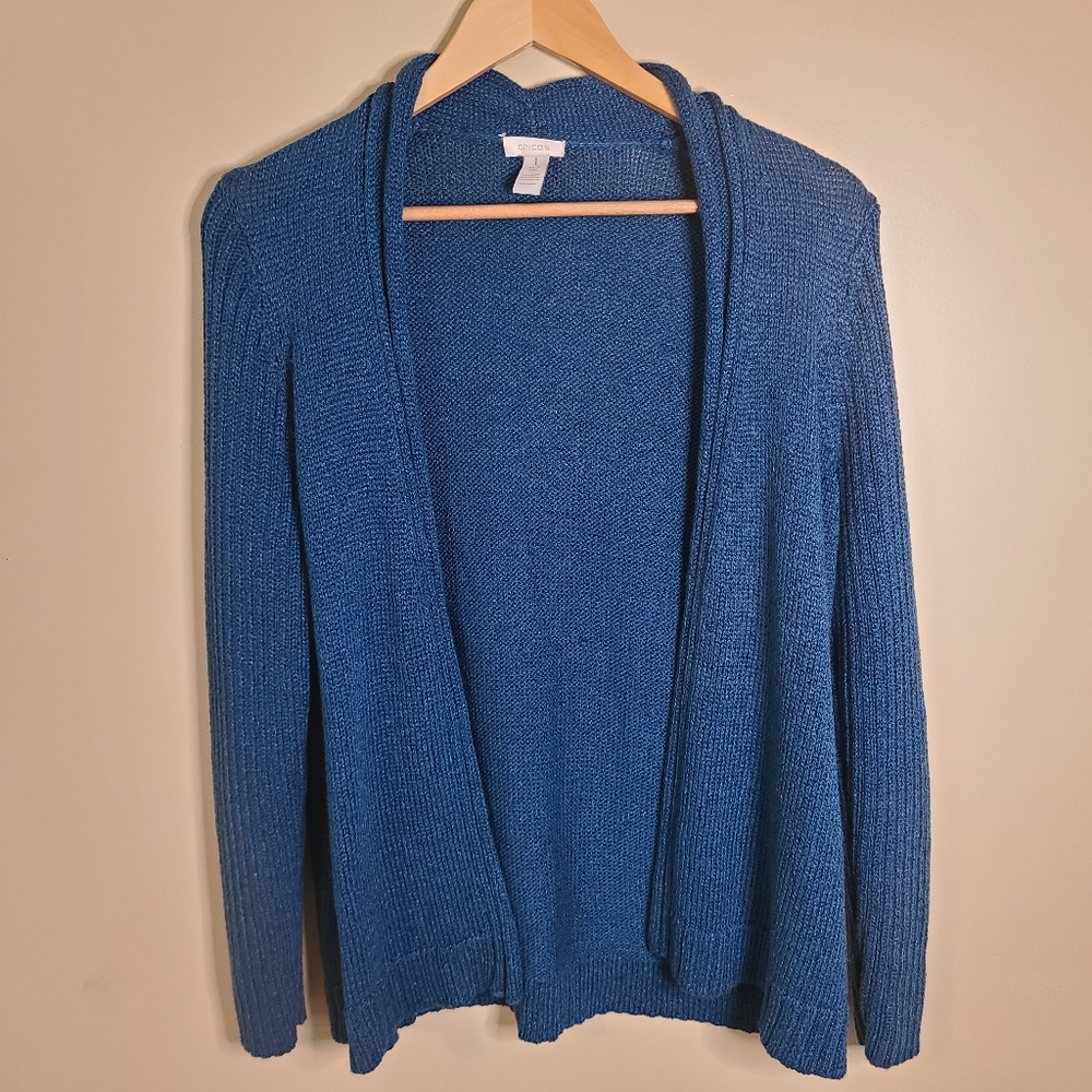 Chico's Open Front Knit Cardigan Heavy Sweater Dark Teal Blue Sz 1 (Med) Women's